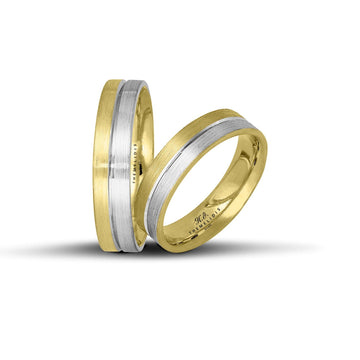 Δίχρωμες βέρες γάμου λευκόχρυσες και χρυσές 5 mm με ματ φινίρισμα, χειροποίητης κατασκευής.